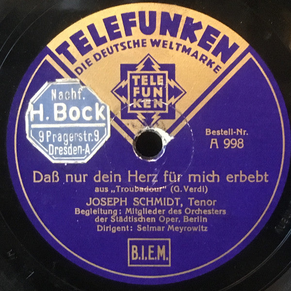 Joseph Schmidt : Ach, Ihres Auges Zauberblick / Daß Nur Dein Herz Für Mich Erbebt (Shellac, 10", RP)