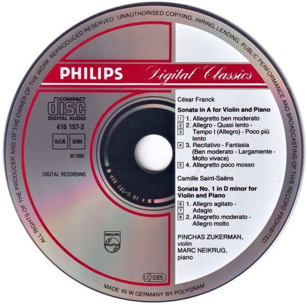 Saint-Saëns* ·  César Franck, Pinchas Zukerman, Marc Neikrug : Sonatas For Violin And Piano = Sonaten Für Violine Und Klavier (CD, Album)