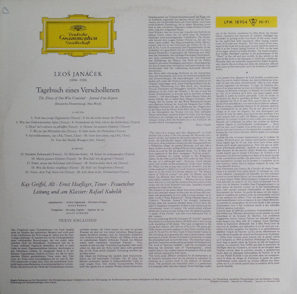 Janáček* / Kay Griffel / Ernst Haefliger / Rafael Kubelik : Tagebuch Eines Verschollenen = The Diary Of One Who Vanished (LP, Album, Mono)