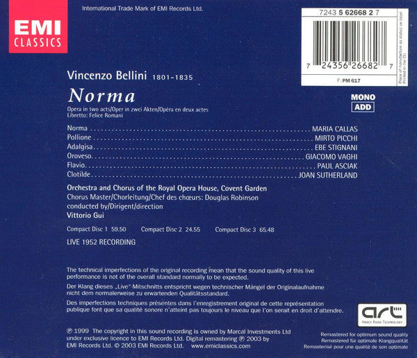 Vincenzo Bellini - Maria Callas, Ebe Stignani, Mirto Picchi, Giacomo Vaghi, Orchestra Of The Royal Opera House, Covent Garden And Chorus Of The Royal Opera House, Covent Garden, Vittorio Gui : Norma (3xCD, Album, Mono, RE, RM + Box, Sli)