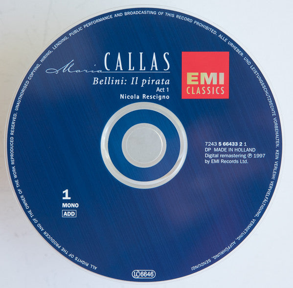 Vincenzo Bellini - Maria Callas, Pier Miranda Ferraro, Costantino Ego, Glade Peterson, Nicola Rescigno : Il Pirata (2xCD, Album, RE, RM)