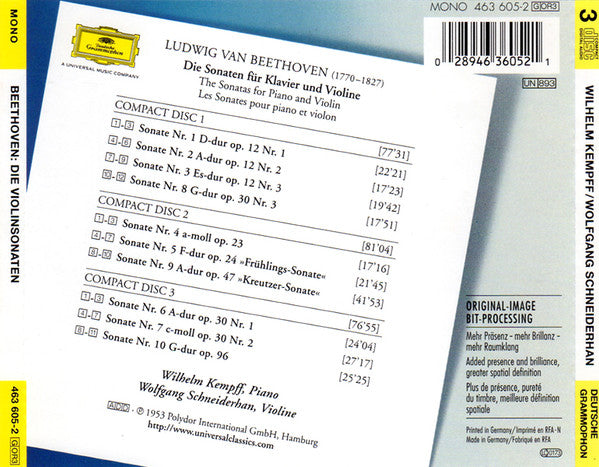 Ludwig van Beethoven, Wilhelm Kempff, Wolfgang Schneiderhan : Die Sonaten Für Clavier Und Violine = The Sonatas For Piano And Violin (3xCD, Comp, Mono, RM)