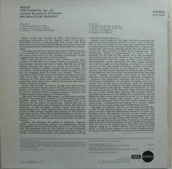 Gustav Holst - London Symphony Orchestra, Sir Malcolm Sargent : The Planets, Op. 32 (LP, RE)
