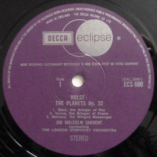 Gustav Holst - London Symphony Orchestra, Sir Malcolm Sargent : The Planets, Op. 32 (LP, RE)