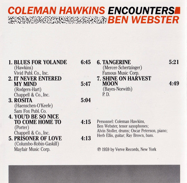 Coleman Hawkins / Ben Webster : Coleman Hawkins Encounters Ben Webster (CD, Album, RE, RM)