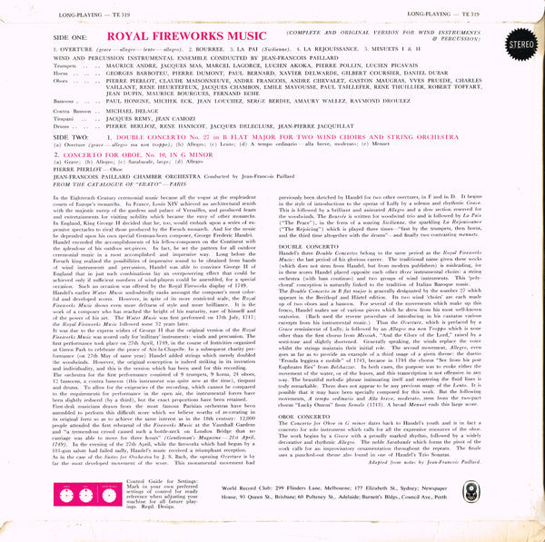 Handel*  / Soloists And  Orchestra* Directed By Jean-Francois Paillard* : Royal Fireworks Music / Double Concerto For Two Wind Choirs, No. 27 / Oboe Concerto In G Minor, No. 10 (LP, Album, Club, RE)