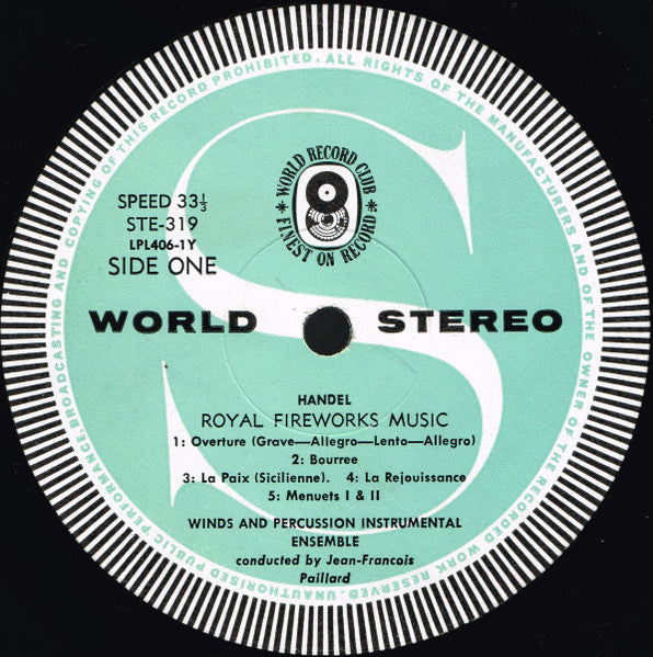 Handel*  / Soloists And  Orchestra* Directed By Jean-Francois Paillard* : Royal Fireworks Music / Double Concerto For Two Wind Choirs, No. 27 / Oboe Concerto In G Minor, No. 10 (LP, Album, Club, RE)