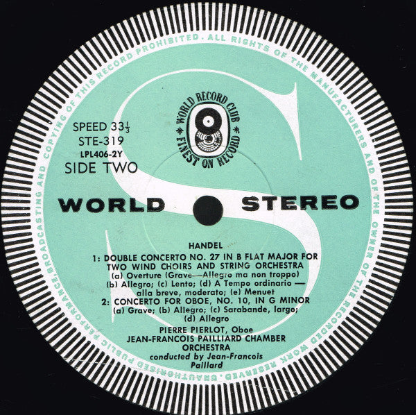 Handel*  / Soloists And  Orchestra* Directed By Jean-Francois Paillard* : Royal Fireworks Music / Double Concerto For Two Wind Choirs, No. 27 / Oboe Concerto In G Minor, No. 10 (LP, Album, Club, RE)