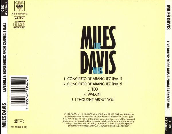 Miles Davis : Live Miles: More Music From The Legendary Carnegie Hall Concert (CD, Album, RE, RM)