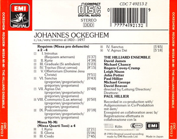 Ockeghem*, The Hilliard Ensemble : Requiem • Missa Mi-Mi (CD, Album)