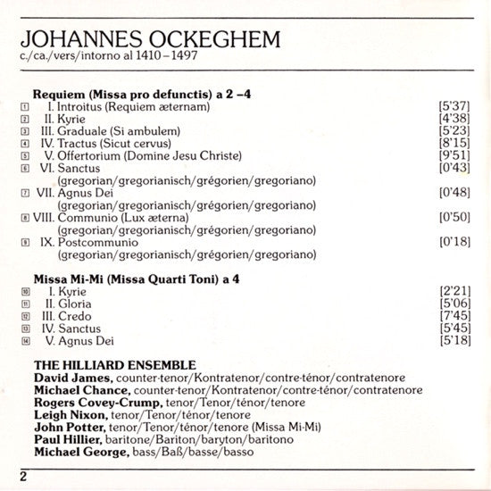 Ockeghem*, The Hilliard Ensemble : Requiem • Missa Mi-Mi (CD, Album)