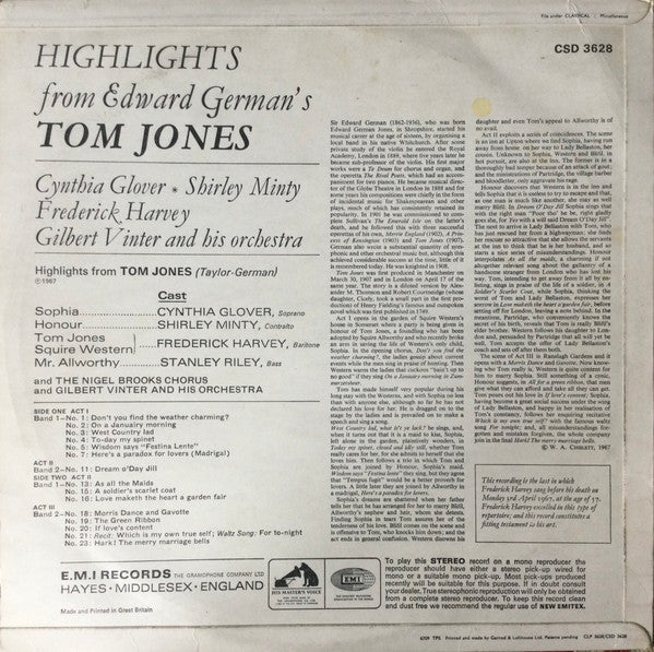 Edward German / Cynthia Glover, Shirley Minty, Frederick Harvey, Stanley Riley (2), Nigel Brooks Chorus, Gilbert Vinter And His Orchestra : Highlights From Edward German's Tom Jones (LP, Album)