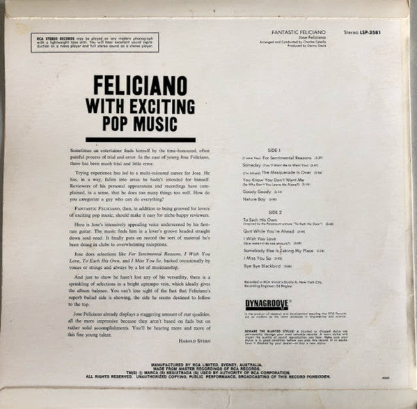 José Feliciano : Fantastic Feliciano (The Voice And Guitar Of José Feliciano) (LP, Album)
