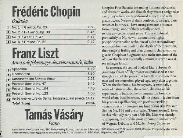 Frédéric Chopin / Franz Liszt - Tamás Vásáry : Ballades Nos 1-4 / Années De Pèlerinage: Deuxieme Année, Italie (CD, Sli)