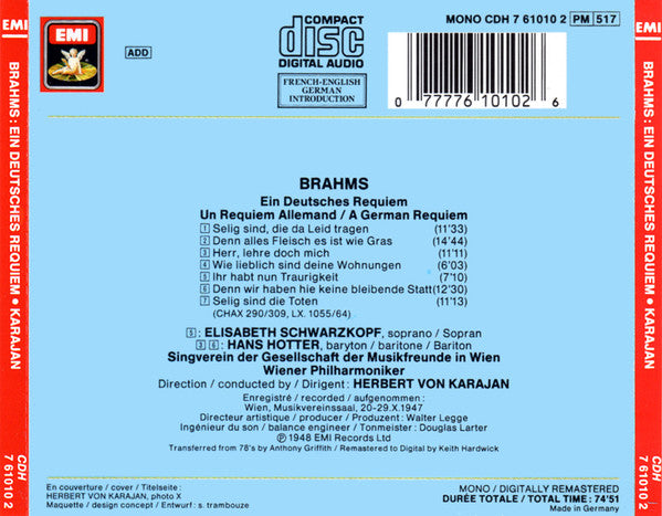 Brahms* - Elisabeth Schwarzkopf, Hans Hotter, Herbert von Karajan, Singverein Der Gesellschaft Der Musikfreunde In Wien*, Wiener Philharmoniker : Ein Deutsches Requiem (CD, Mono, RE, RM)