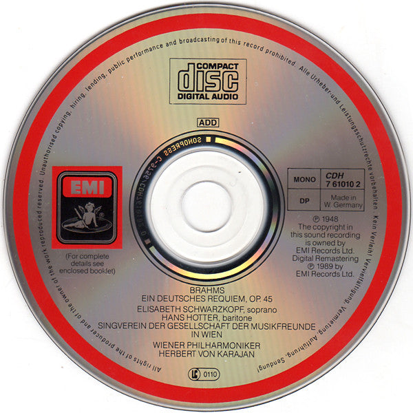 Johannes Brahms - Elisabeth Schwarzkopf, Hans Hotter, Herbert von Karajan, Wiener Singverein, Wiener Philharmoniker : Ein Deutsches Requiem (CD, Mono, RE, RM)