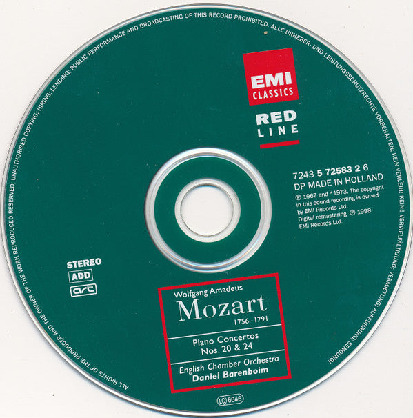Wolfgang Amadeus Mozart, Daniel Barenboim, English Chamber Orchestra : Piano Concertos Nos. 20 & 24 (CD, Comp, RM)