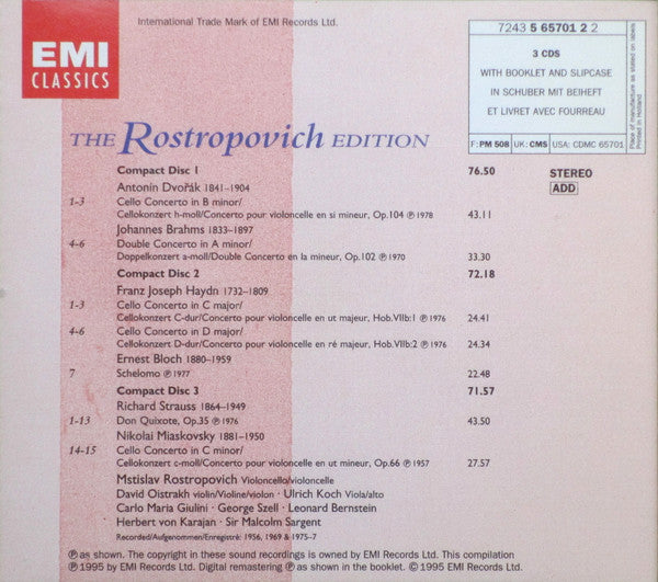 Mstislav Rostropovich, Antonín Dvořák, Johannes Brahms, Joseph Haydn, Ernest Bloch, Richard Strauss, Nikolai Myaskovsky : The Rostropovich Edition (3xCD, Comp, RM)