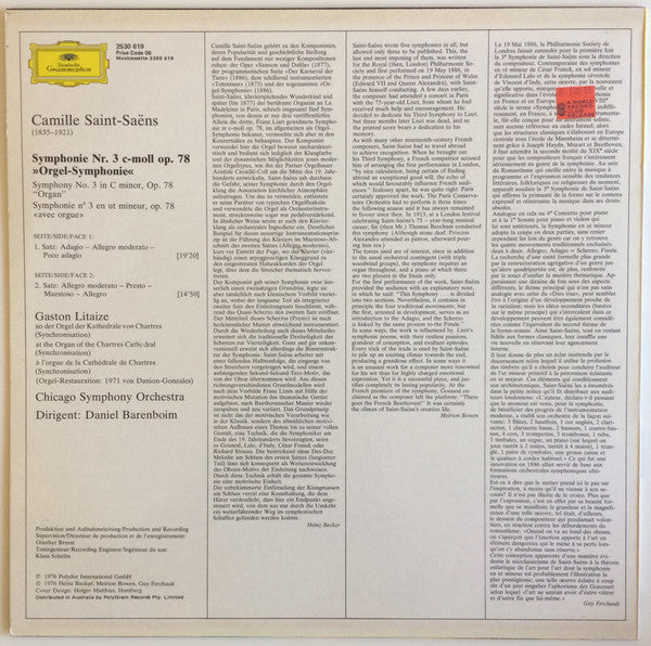 Camille Saint-Saëns - Gaston Litaize, Chicago Symphony Orchestra, Daniel Barenboim : Symphony No. 3 "Organ" = "Orgel-Symphonie" (LP, Album, RE)