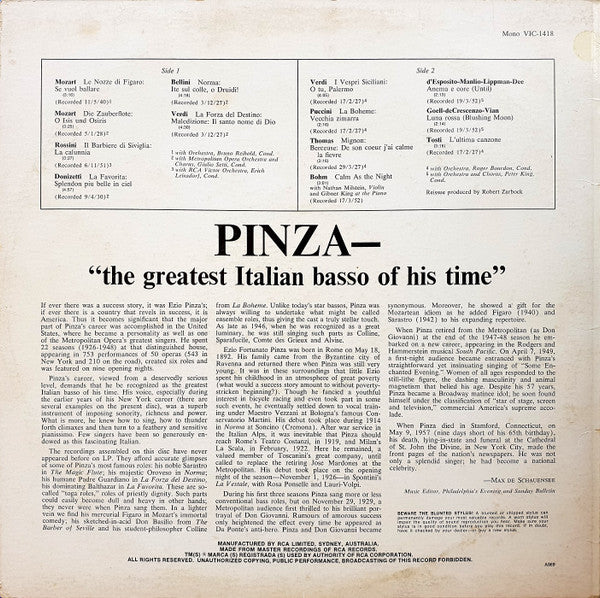 Ezio Pinza : Arias From The Marriage Of Figaro ‧ The Magic Flute ‧ Mignon ‧ The Barber Of Seville ‧ La Favorita ‧ Norma ‧ I Vespri Siciliani ‧ La Forza Del Destino ‧ La Bohème And Songs (LP, Comp, Mono)