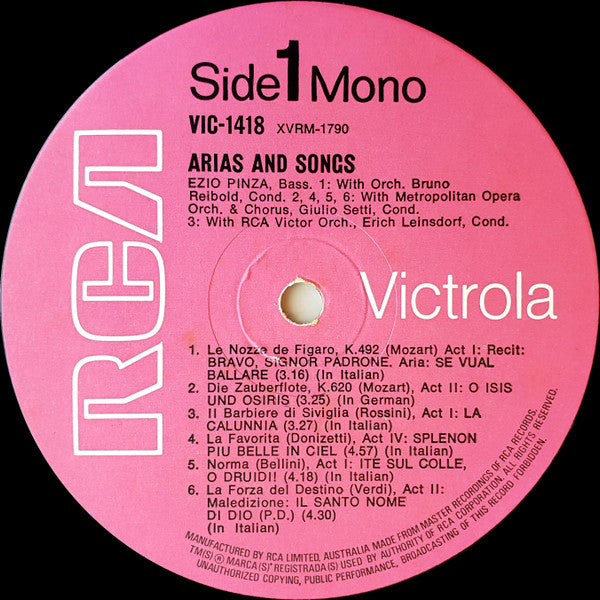 Ezio Pinza : Arias From The Marriage Of Figaro ‧ The Magic Flute ‧ Mignon ‧ The Barber Of Seville ‧ La Favorita ‧ Norma ‧ I Vespri Siciliani ‧ La Forza Del Destino ‧ La Bohème And Songs (LP, Comp, Mono)