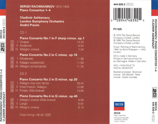 Rachmaninov* - Vladimir Ashkenazy, London Symphony Orchestra, André Previn : Piano Concertos 1-4 (2xCD, Comp, RE, RM)