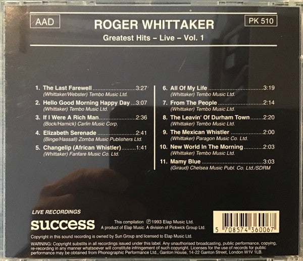 Roger Whittaker : Greatest Hits - Vol. 1 Live (CD, Comp)