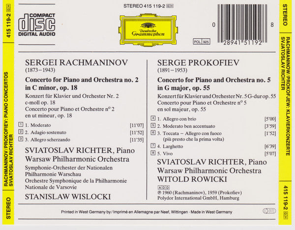 Sviatoslav Richter - Rachmaninov* - Prokofiev* - Warsaw Philharmonic Orchestra* - Stanislaw Wislocki - Witold Rowicki : Klavierkonzerte • Concertos Pour Piano (CD, Comp, RM)