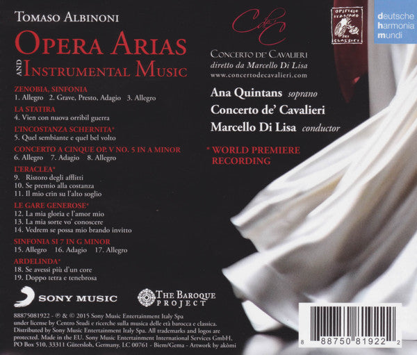 Tomaso Albinoni, Ana Quintans, Marcello Di Lisa, Concerto de' Cavalieri : Opera Arias And Instrumental Music (CD, Comp)