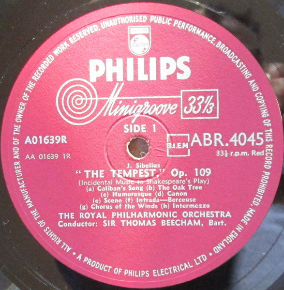 Jean Sibelius, Sir Thomas Beecham : The Tempest - Op. 109  Incidental Music To Shakespear's Play (10", Album, Mono)