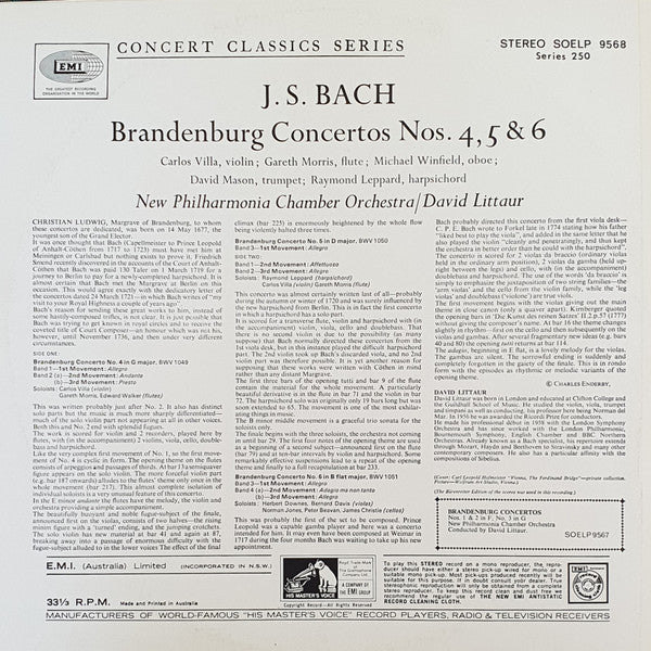 Johann Sebastian Bach - Carlos Villa (2), Gareth Morris (2), Raymond Leppard, New Philharmonia Chamber Orchestra, David Littaur : Brandenburg Concertos Nos. 4, 5 & 6 (LP)