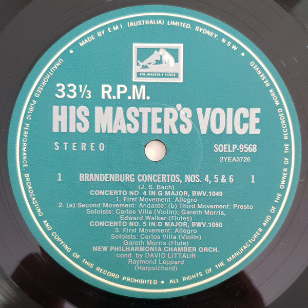 Johann Sebastian Bach - Carlos Villa (2), Gareth Morris (2), Raymond Leppard, New Philharmonia Chamber Orchestra, David Littaur : Brandenburg Concertos Nos. 4, 5 & 6 (LP)
