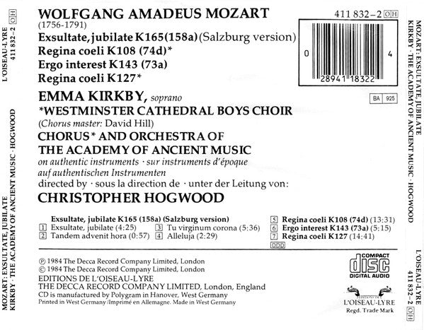 Wolfgang Amadeus Mozart / Emma Kirkby, Westminster Cathedral Choir, The Academy Of Ancient Music Chorus & The Academy Of Ancient Music, Christopher Hogwood : Exsultate Jubilate / Motets · Motetten (CD, Album)