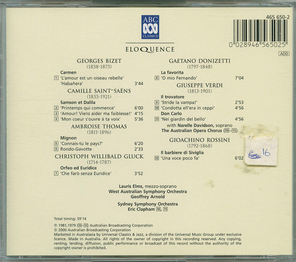 Georges Bizet, Camille Saint-Saëns, Ambroise Thomas, Christoph Willibald Gluck, Gaetano Donizetti, Giuseppe Verdi, Gioacchino Rossini - Lauris Elms, West Australian Symphony Orchestra, Geoffrey Arnold, Sydney Symphony Orchestra, Eric Clapham : French & Italian Opera Arias (CD, Album)