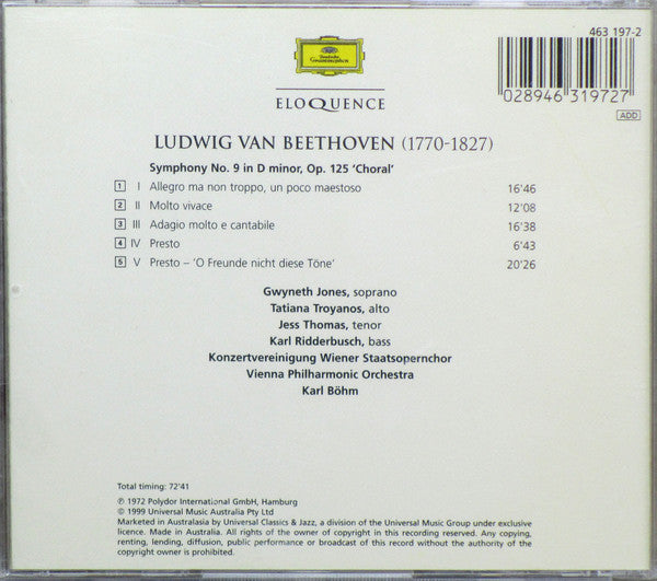 Beethoven* . Jones* • Troyanos* • Thomas* • Ridderbusch* • Vienna Philharmonic Orchestra* . Karl Böhm : Symphony No. 9 'Choral' (CD, RE)