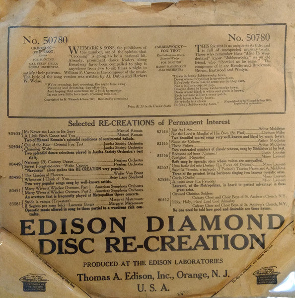 Max Fells' Della Robbia Orchestra / Harry Raderman's Jazz Orchestra : Crooning / Jabberwocky (Edison Disc)