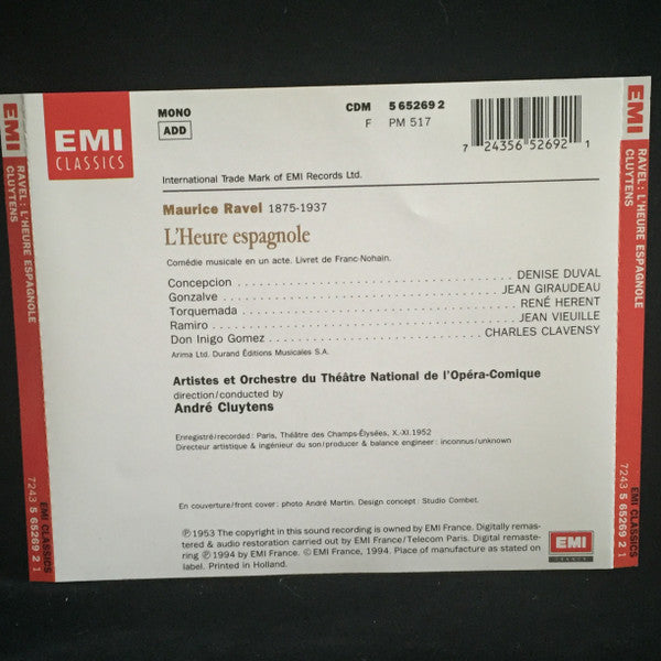 Maurice Ravel, André Cluytens, Chœurs Du Théâtre National De L'Opéra Comique  Et Orchestre Du Théâtre National De L'Opéra-Comique : L'Heure Espagnole (CD, Album, Mono, RM)