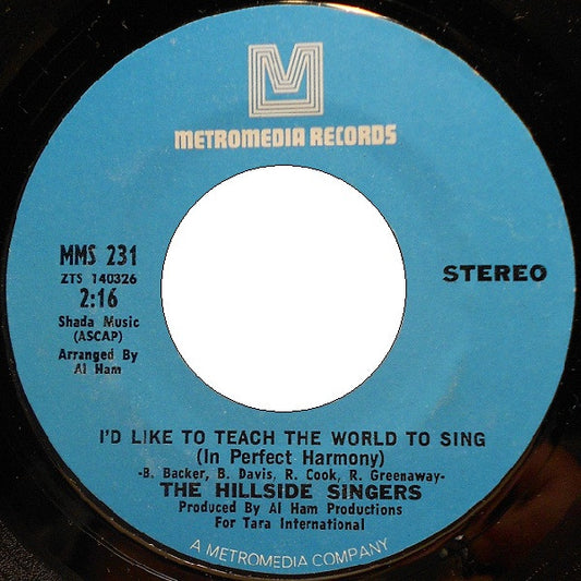 The Hillside Singers : I'd Like To Teach The World To Sing (In Perfect Harmony) / I Believed It All (7", Single, Styrene, Pit)