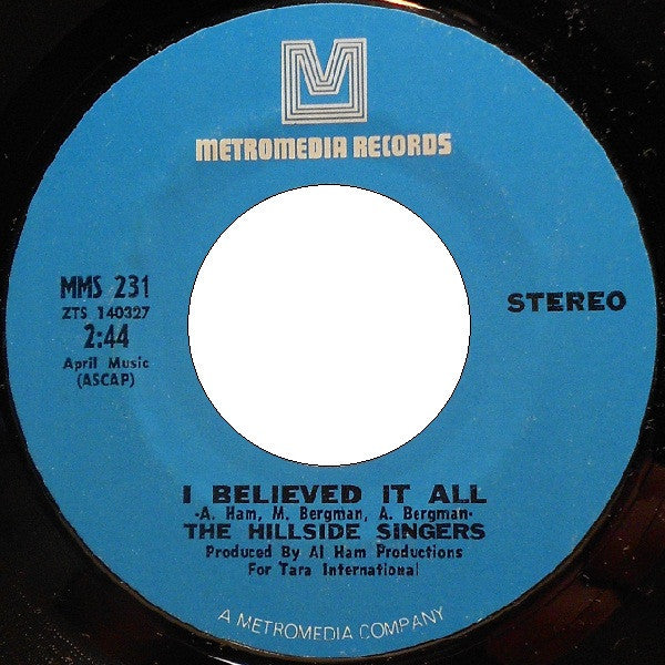 The Hillside Singers : I'd Like To Teach The World To Sing (In Perfect Harmony) / I Believed It All (7", Single, Styrene, Pit)