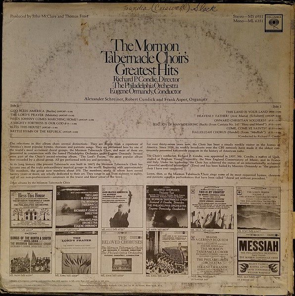 Mormon Tabernacle Choir, Richard P. Condie, The Philadelphia Orchestra, Eugene Ormandy, Alexander Schreiner, Robert Cundick, Frank Asper* : The Mormon Tabernacle Choir's Greatest Hits (LP, Comp)