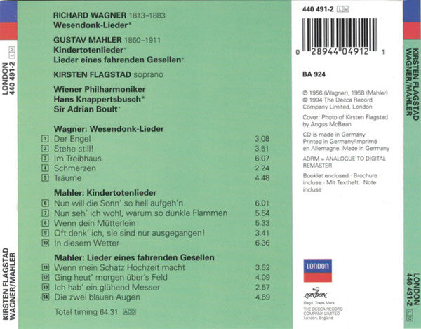 Kirsten Flagstad, Mahler*, Wagner*, Wiener Philharmoniker, Hans Knappertsbusch, Sir Adrian Boult : Kindertotenlieder / Lieder Eines Fahrenden Gesellen / Wesendonck Lieder (CD, Comp, RE, RM)