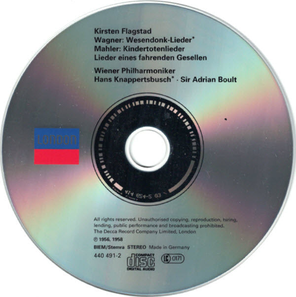 Kirsten Flagstad, Mahler*, Wagner*, Wiener Philharmoniker, Hans Knappertsbusch, Sir Adrian Boult : Kindertotenlieder / Lieder Eines Fahrenden Gesellen / Wesendonck Lieder (CD, Comp, RE, RM)