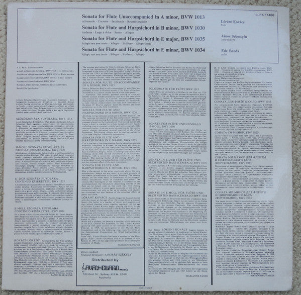 Johann Sebastian Bach, Kovács Lóránt, János Sebestyén, Ede Banda : Flute Sonatas (LP, Album)