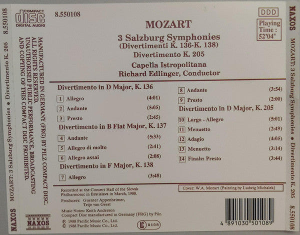 Mozart*, Capella Istropolitana, Richard Edlinger : Salzburg Symphonies / Divertimento K. 205 (CD, Album)