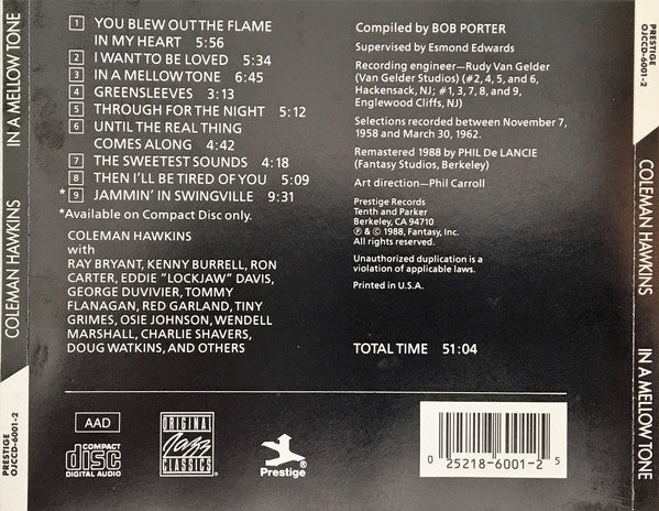 Coleman Hawkins : In A Mellow Tone (CD, Comp, RM)