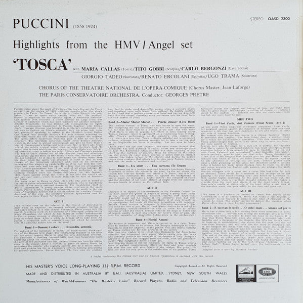 Puccini* • Maria Callas / Carlo Bergonzi / Tito Gobbi / Georges Prêtre : Highlights From Tosca (LP, RE)