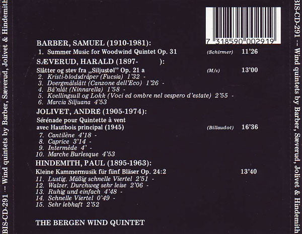 Samuel Barber, Harald Sæverud, André Jolivet, Paul Hindemith - Bergen Treblåsekvintett : Wind Quintets By Barber, Sæverud, Jolivet & Hindemith (CD, Album)