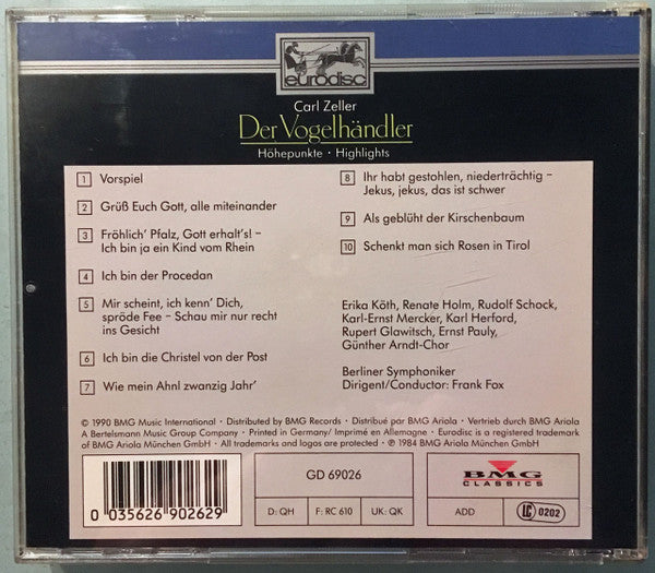 Carl Zeller - Erika Köth · Renate Holm · Rudolf Schock · Berliner Symphoniker · Frank Fox : Der Vogelhändler - Höhepunkte Highlights (CD, Album, RE, RM)