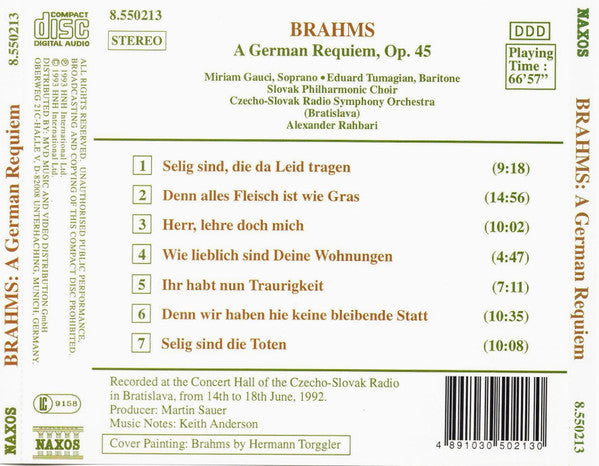 Johannes Brahms - Miriam Gauci • Eduard Tumageanian • Slovak Radio Symphony Orchestra • Alexander Rahbari : A German Requiem, Op. 45 (CD, Album, RE, RP)
