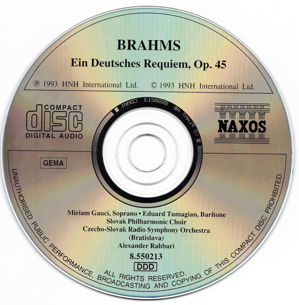 Johannes Brahms - Miriam Gauci • Eduard Tumageanian • Slovak Radio Symphony Orchestra • Alexander Rahbari : A German Requiem, Op. 45 (CD, Album, RE, RP)